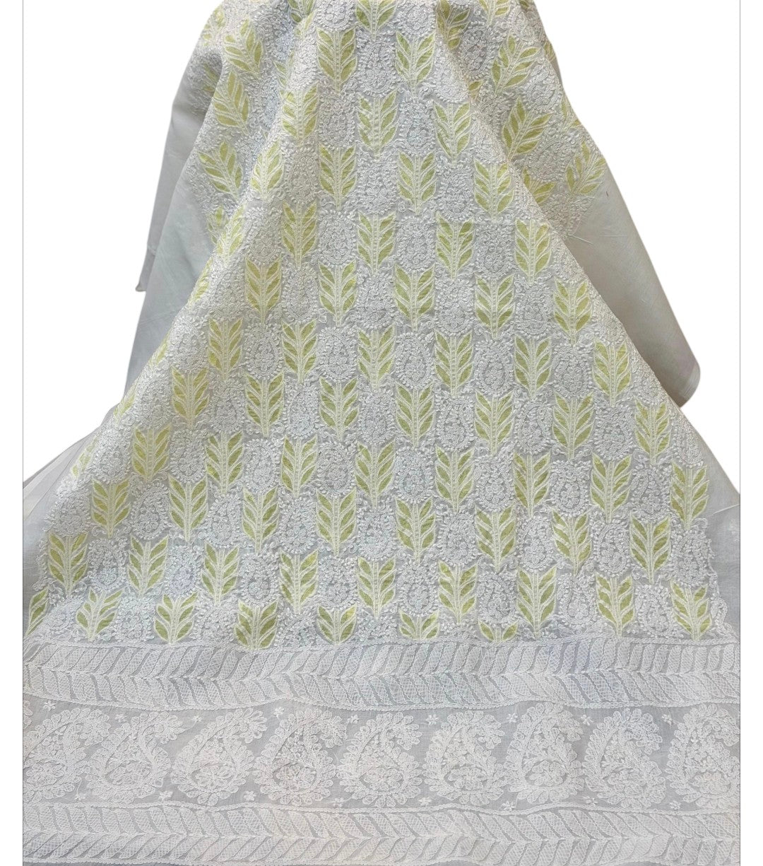 White with lime yellow Indian Chikankari with net shirt