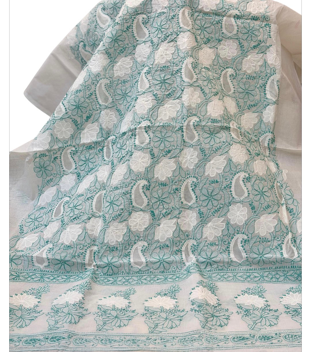 White and firozi  Indian Chikankari with net shirt