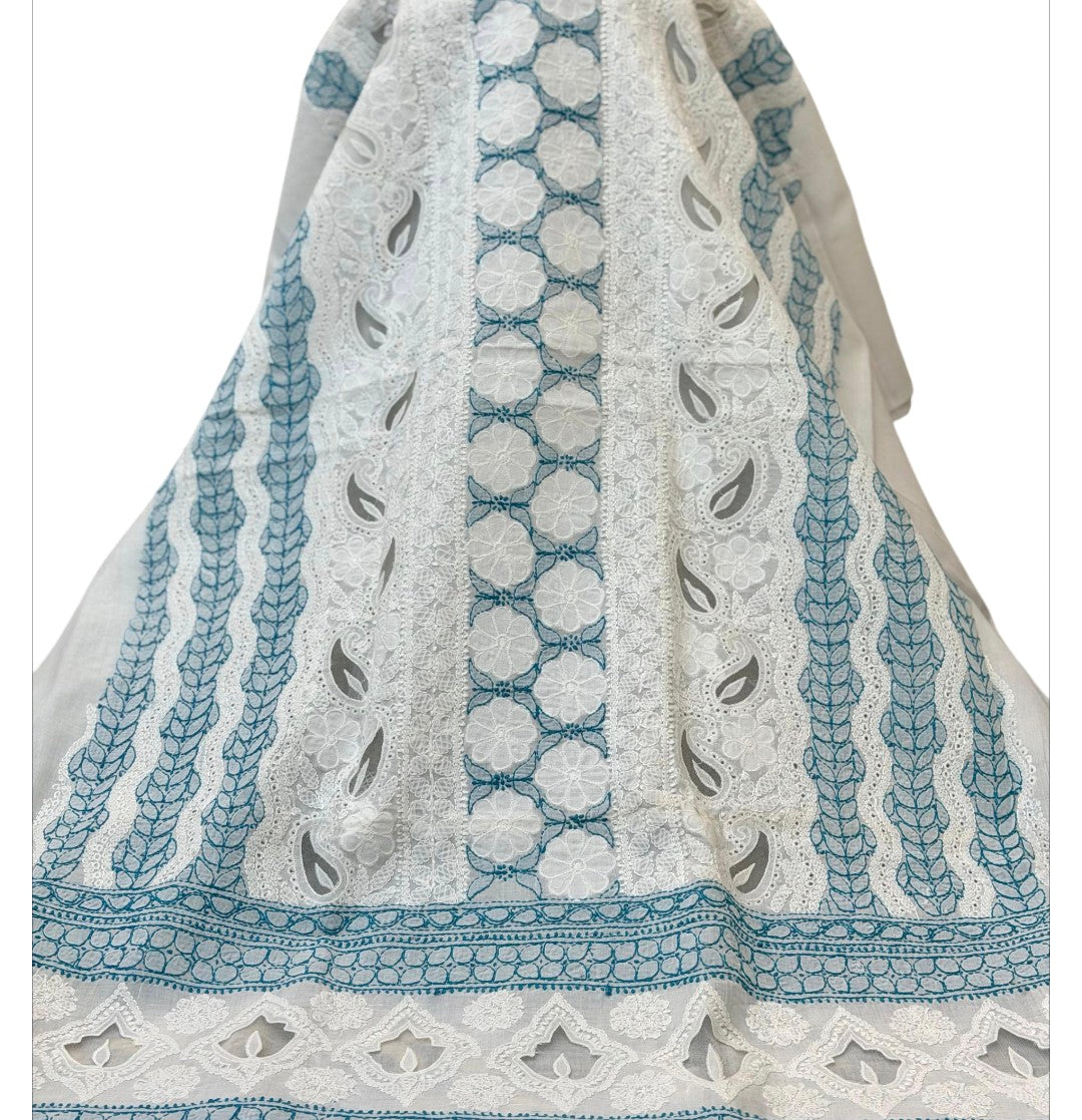 White and blue Indian Chikankari with net shirt
