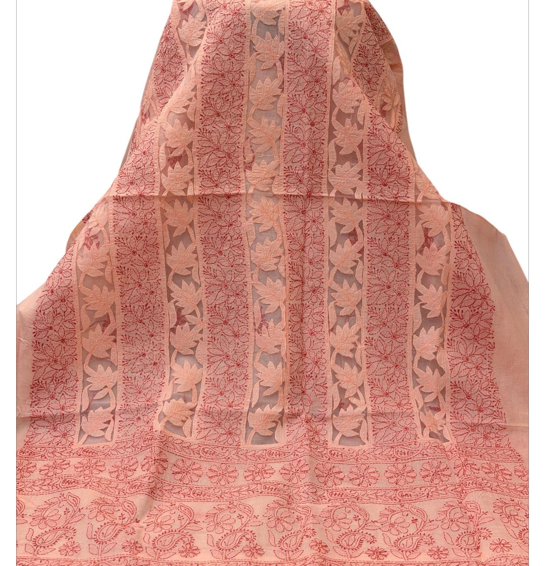 Coral Indian Chikankari with net shirt