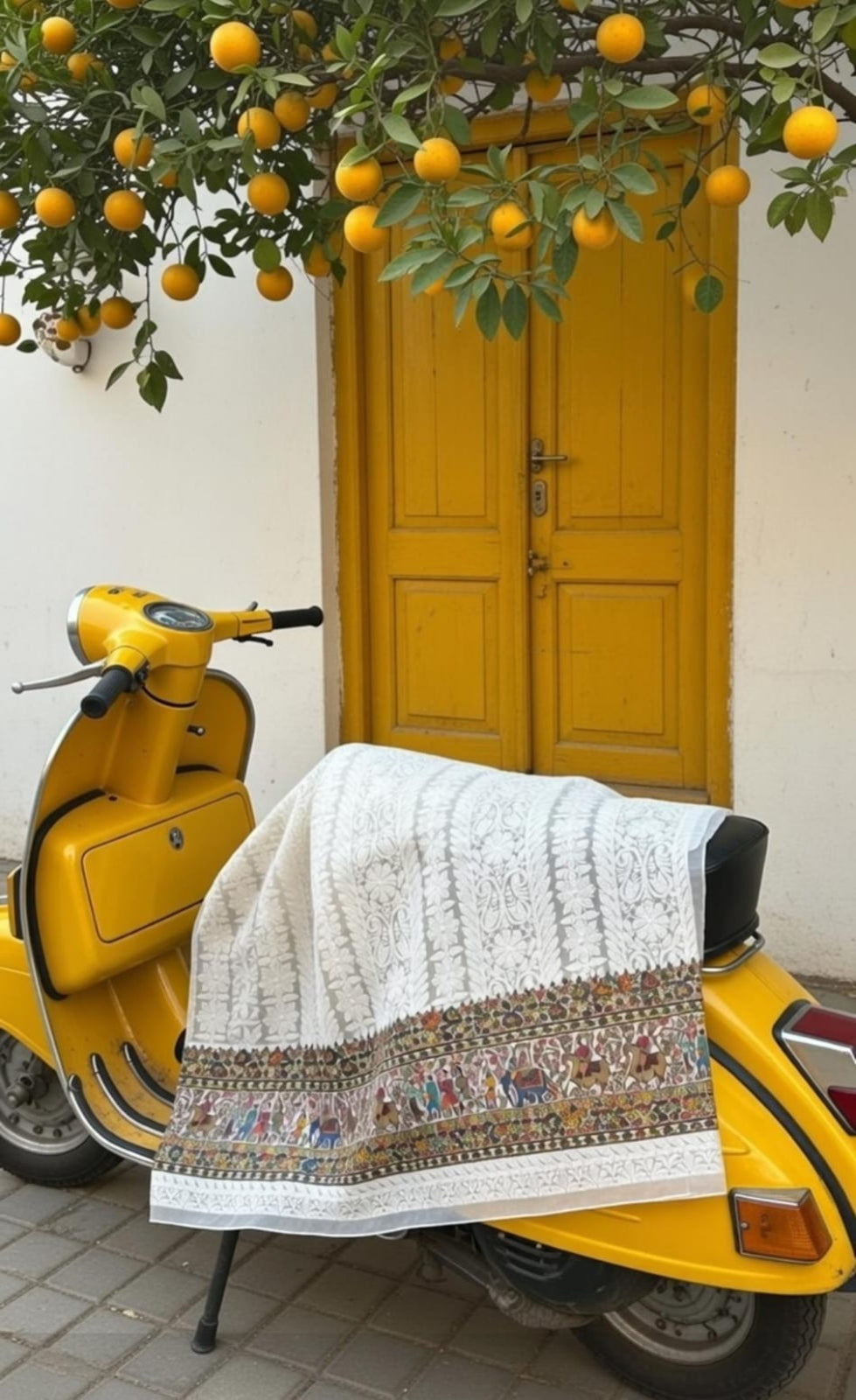 Yellow scooter with a patterned cover in front of a yellow door with orange trees above.